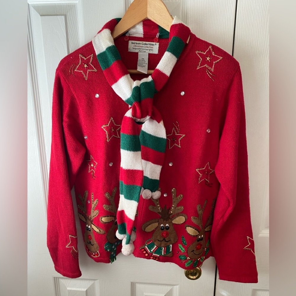 Heirloom Collectibles Red Reindeer Ugly Christmas‎ Sweater Zip Cardigan SZ PM